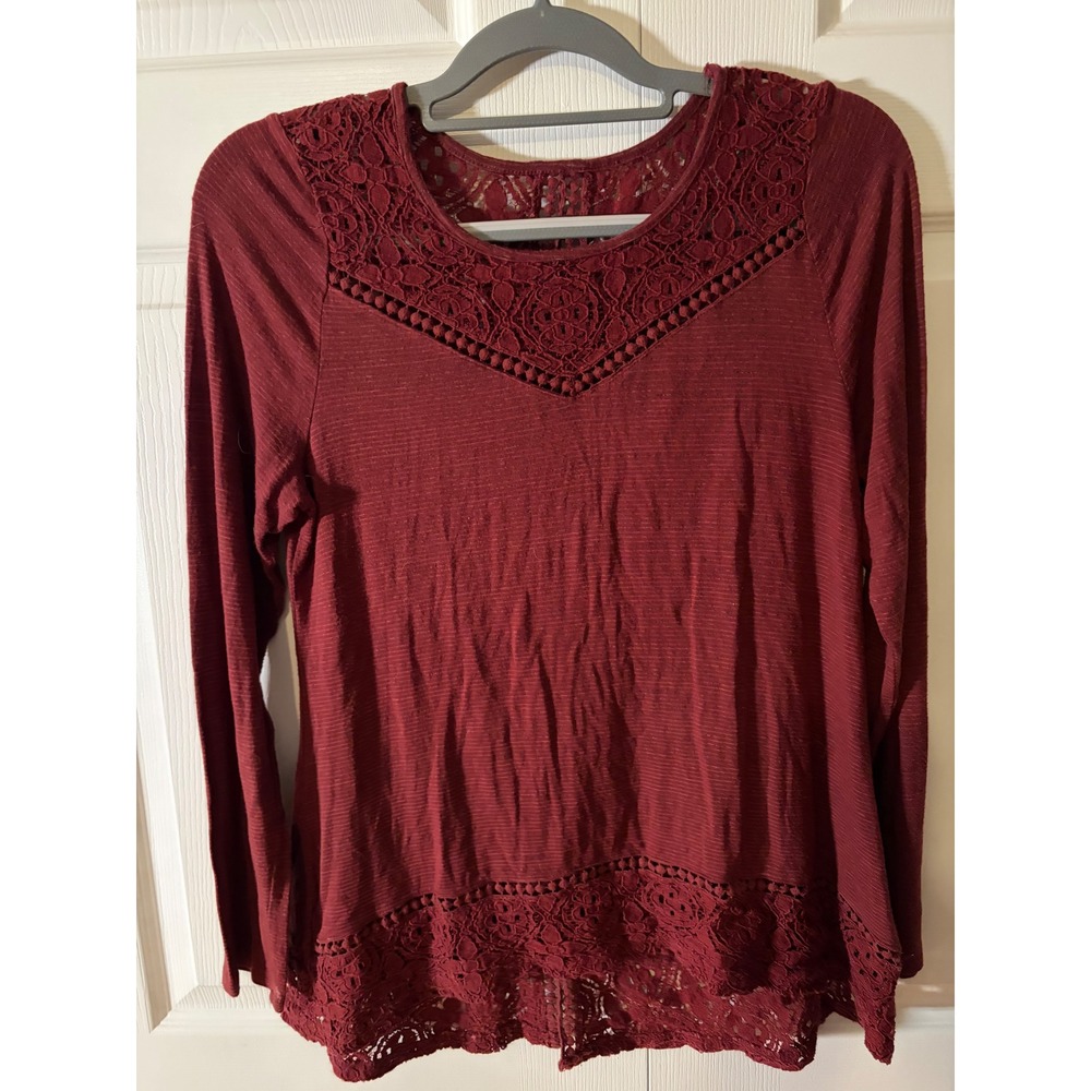 Tru Self Burgundy Crochet Lace Trim Slub Knit Long Sleeve Top Womens‎ Medium